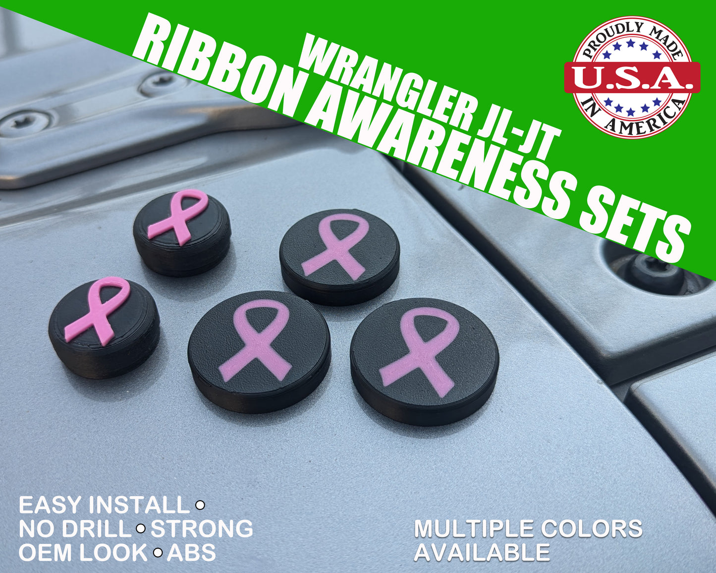 Fits Jeep Wrangler JL/JT Door Lock/Wiper Cap Bundle - Colored Ribbon Awareness - Cancer, Drugs, AIDS, Military