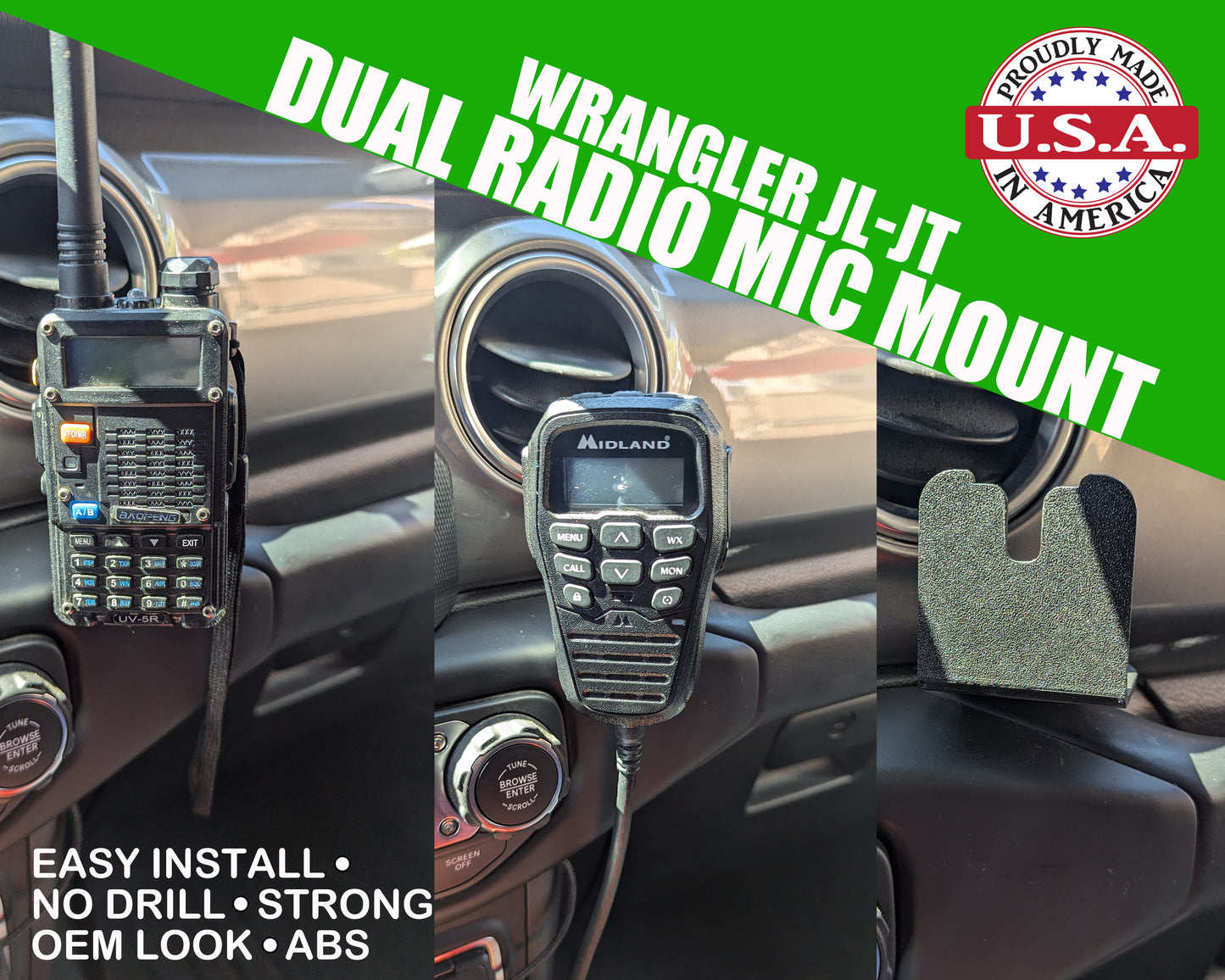 Fits Jeep Wrangler JL/JT CB/MIC/Handheld Radio Dash Mount - No Drill